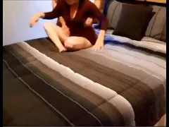 The wife gave her husband a sexy gift - an excited brunette